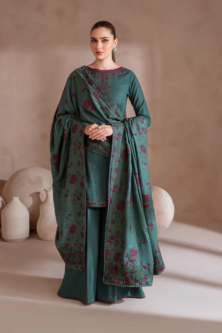IZNIK-3PC DHANAK EMBROIDERED SHIRT WITH DHANAK EMBROIDERED SHAWL & TROUSER-ADR-3389