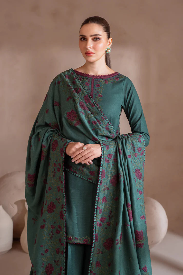 IZNIK-3PC DHANAK EMBROIDERED SHIRT WITH DHANAK EMBROIDERED SHAWL & TROUSER-ADR-3389