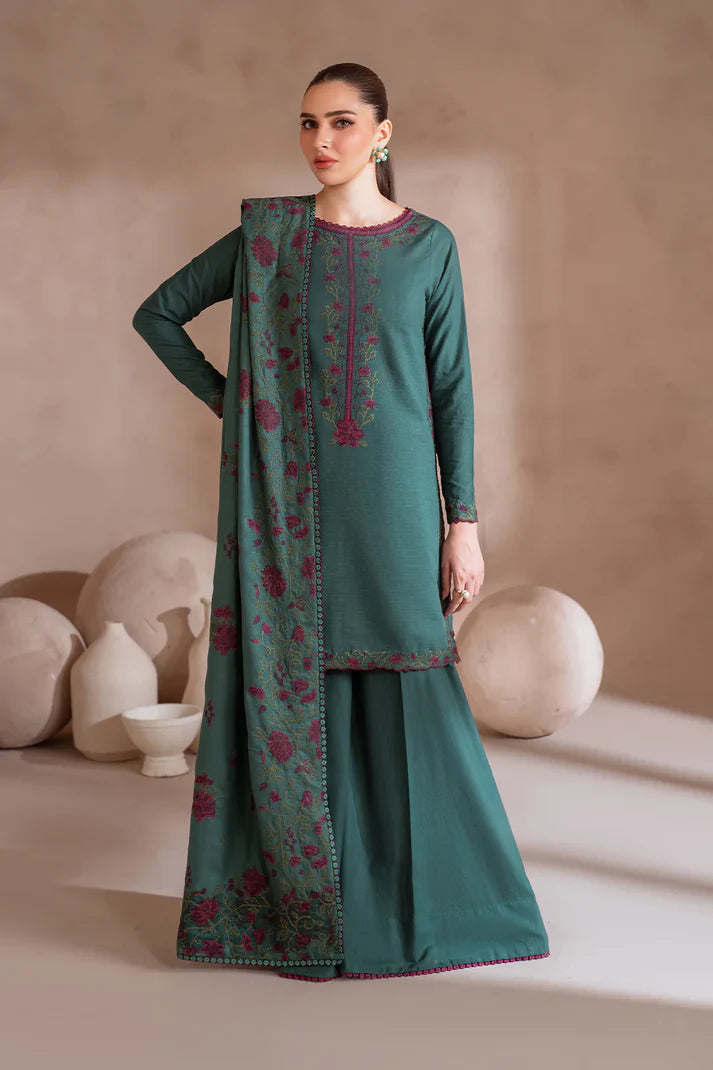 IZNIK-3PC DHANAK EMBROIDERED SHIRT WITH DHANAK EMBROIDERED SHAWL & TROUSER-ADR-3389