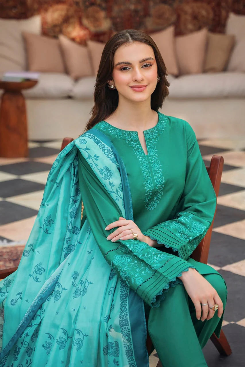 ZIVA-3PC DHANAK EMBROIDERED SHIRT WITH COUTRAI PRINTED SHAWL AND TROUSER-ADR-4142