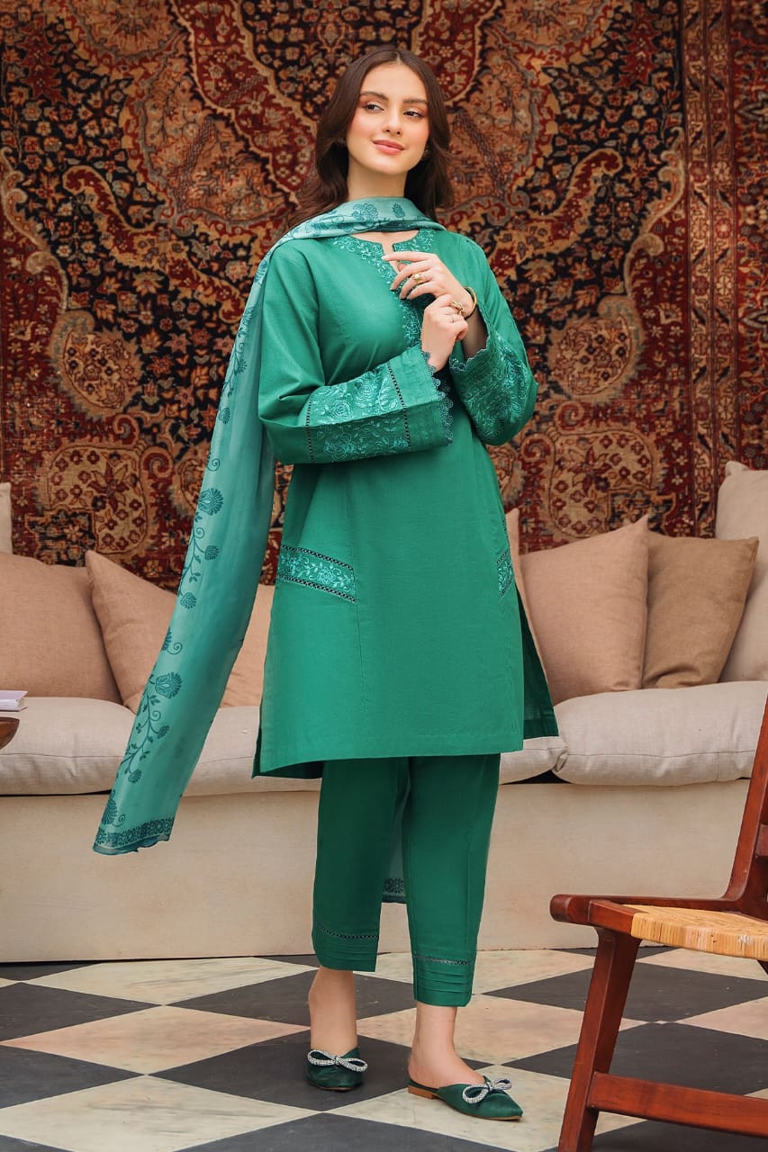 ZIVA-3PC DHANAK EMBROIDERED SHIRT WITH COUTRAI PRINTED SHAWL AND TROUSER-ADR-4142