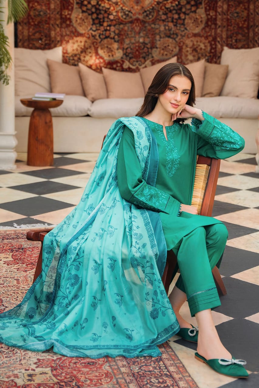 ZIVA-3PC DHANAK EMBROIDERED SHIRT WITH COUTRAI PRINTED SHAWL AND TROUSER-ADR-4142