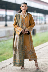 IZEL-3PC DHANAK EMBROIDERED SHIRT WITH COUTRAI PRINTED SHAWL & TROUSER-ADR-4129