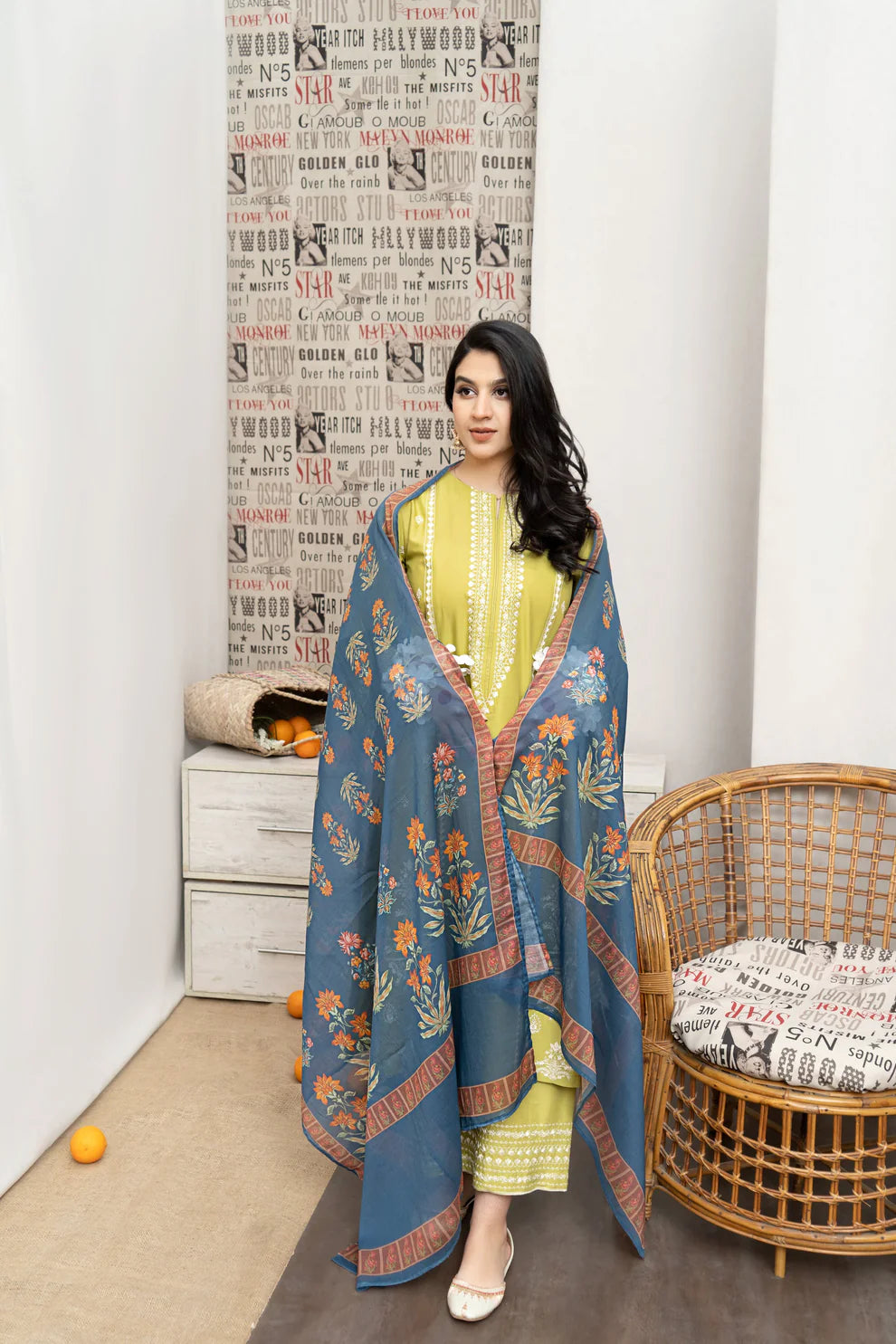 URGE- 3PC DHANAK EMBROIDERED SHIRT WITH COUTURE WOOL PRINT SHAWL AND EMB TROUSER-ADR-4013
