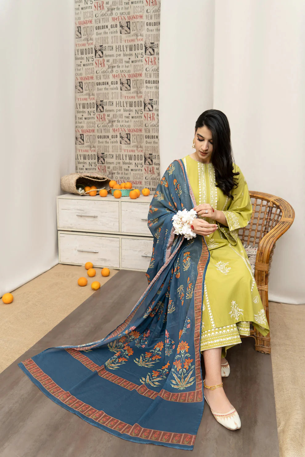 URGE- 3PC DHANAK EMBROIDERED SHIRT WITH COUTURE WOOL PRINT SHAWL AND EMB TROUSER-ADR-4013