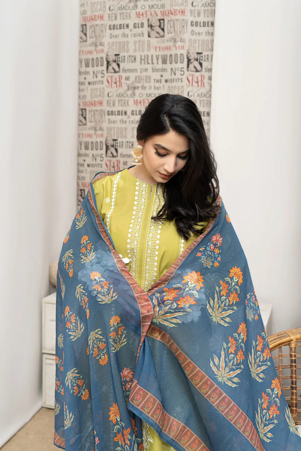 URGE- 3PC DHANAK EMBROIDERED SHIRT WITH COUTURE WOOL PRINT SHAWL AND EMB TROUSER-ADR-4013