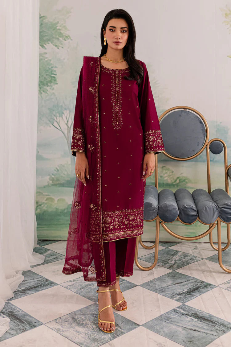 JAZMIN-3PC DHANAK EMBROIDERED SHIRT WITH CHIFFON EMBROIDERED DUPATTA AND TROUSER-ADR-4198