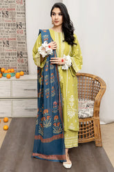 URGE- 3PC DHANAK EMBROIDERED SHIRT WITH COUTURE WOOL PRINT SHAWL AND EMB TROUSER-ADR-4013