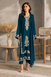 VINTAGE-3PC DHANAK EMBROIDERED SHIRT WITH BAMBER CHIFFON DUPATTA AND TROUSER-ADR-4259