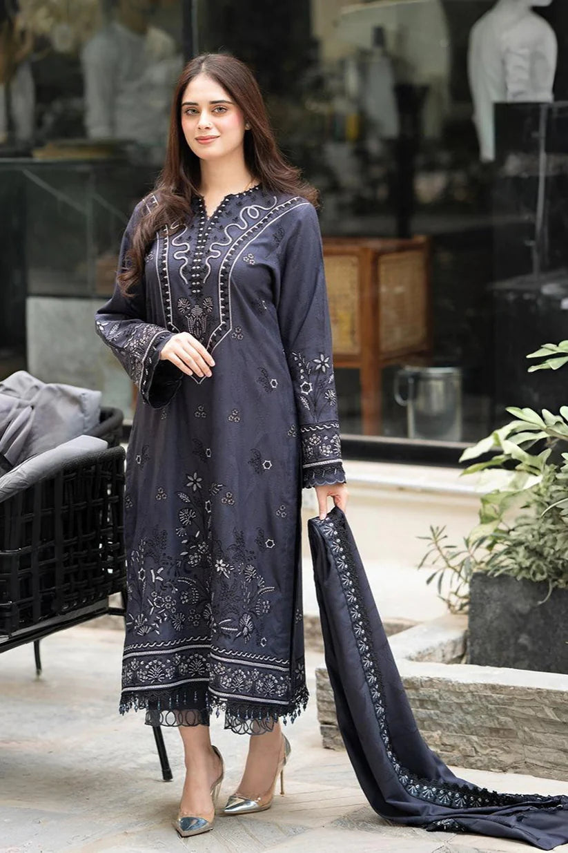 LIBAAS-3PC DHANAK EMBROIDERED SHIRT WITH DHANAK EMBROIDERED SHAWL & TROUSER-ADR-4223