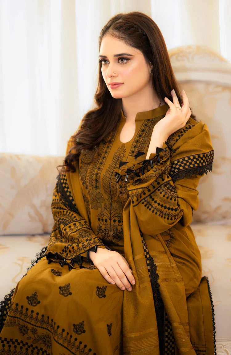 LIBAAS-3PC DHANAK EMBROIDERED SHIRT WITH VELVET DHANAK EMBROIDERED SHAWL & TROUSER-ADR-4183