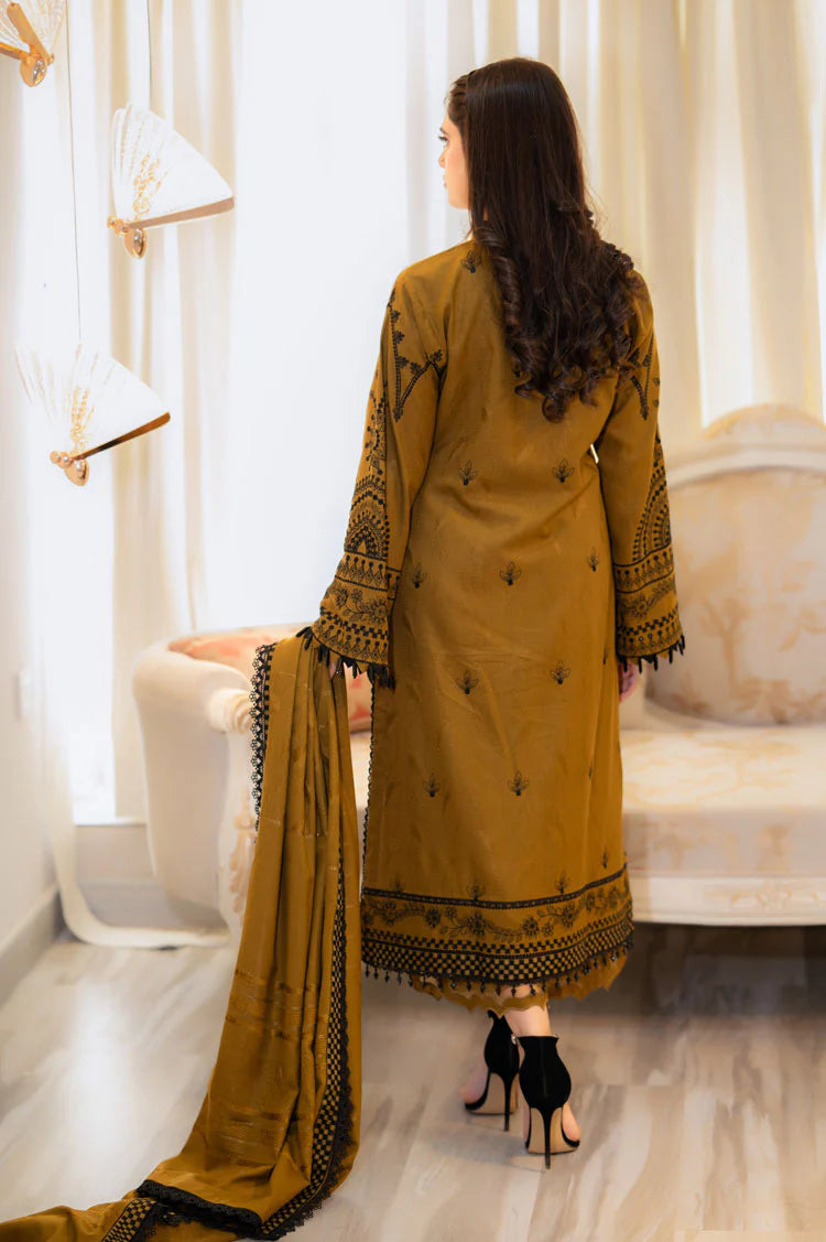 LIBAAS-3PC DHANAK EMBROIDERED SHIRT WITH VELVET DHANAK EMBROIDERED SHAWL & TROUSER-ADR-4183