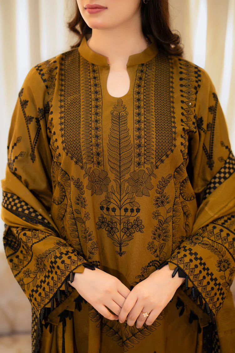 LIBAAS-3PC DHANAK EMBROIDERED SHIRT WITH VELVET DHANAK EMBROIDERED SHAWL & TROUSER-ADR-4183