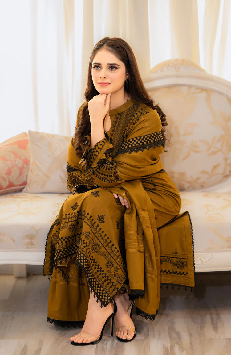 LIBAAS-3PC DHANAK EMBROIDERED SHIRT WITH VELVET DHANAK EMBROIDERED SHAWL & TROUSER-ADR-4183