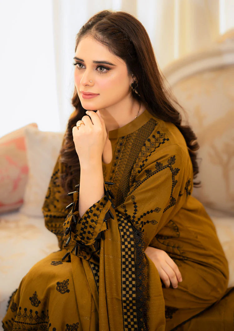 LIBAAS-3PC DHANAK EMBROIDERED SHIRT WITH VELVET DHANAK EMBROIDERED SHAWL & TROUSER-ADR-4183