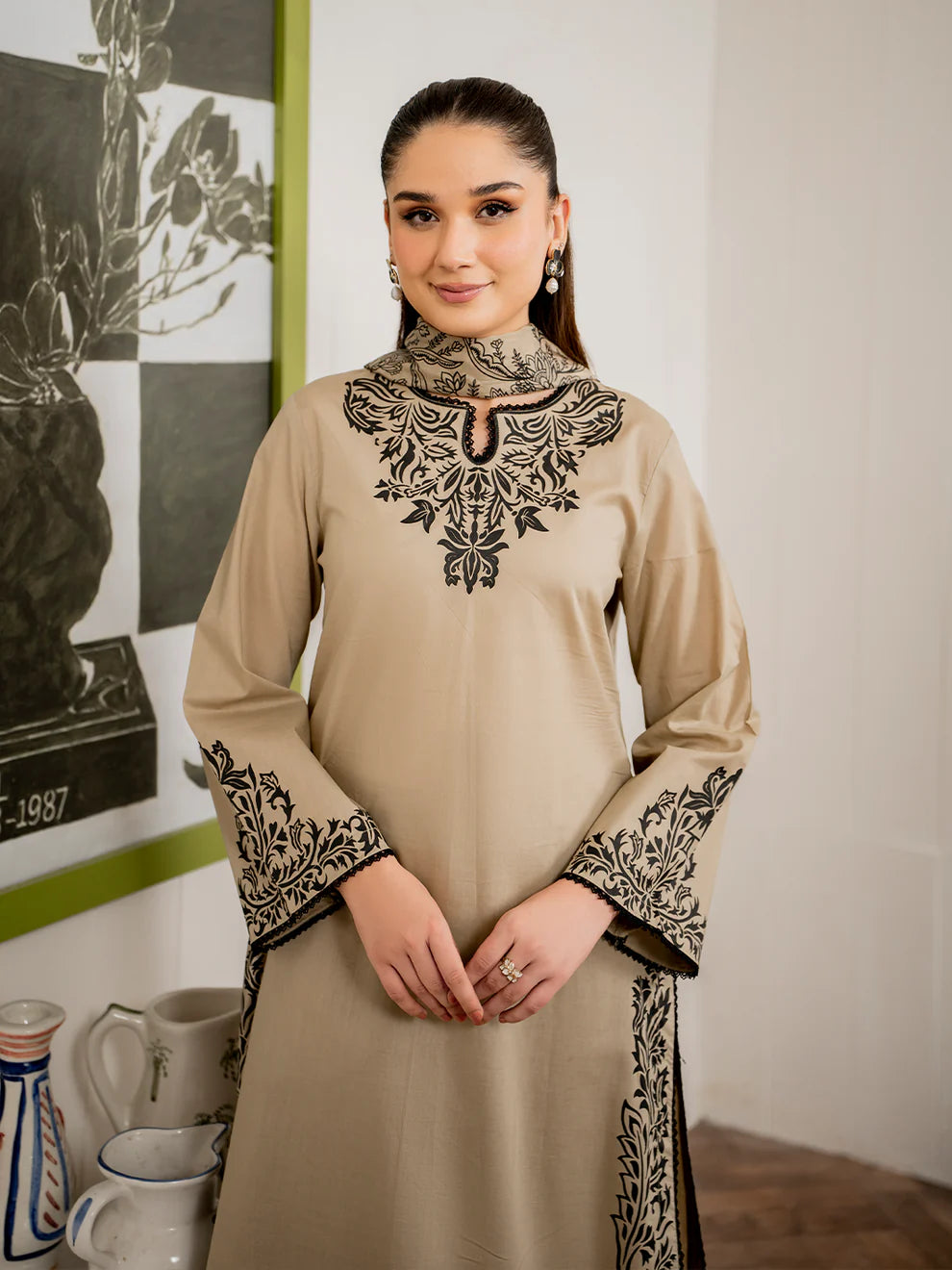 GARNET-3PC DHANAK EMBROIDERED SHIRT WITH COUTURE PRINT SHAWL AND TROUSER-ADR-4108