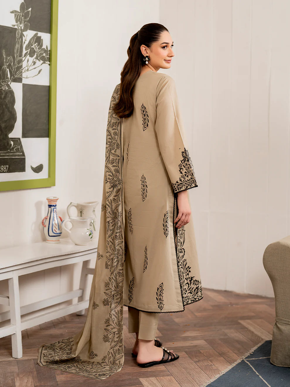 GARNET-3PC DHANAK EMBROIDERED SHIRT WITH COUTURE PRINT SHAWL AND TROUSER-ADR-4108
