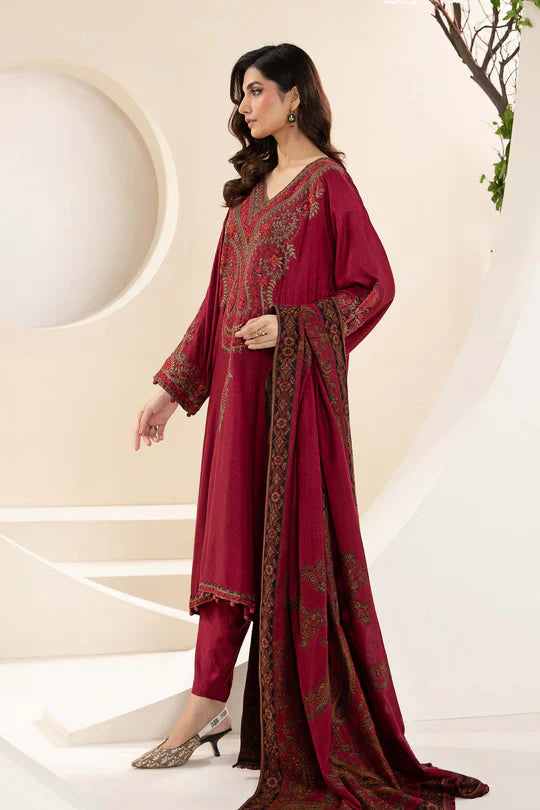MARIA B-3PC KHADDAR EMBROIDRED SHIRT WITH WOOL PRINT SHAWL AND TROUSER-ADR-3268 B