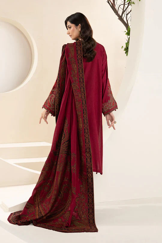 MARIA B-3PC KHADDAR EMBROIDRED SHIRT WITH WOOL PRINT SHAWL AND TROUSER-ADR-3268 B