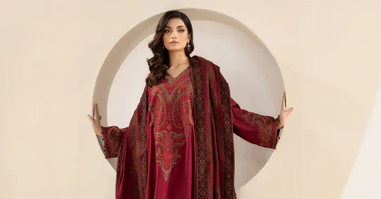 MARIA B-3PC KHADDAR EMBROIDRED SHIRT WITH WOOL PRINT SHAWL AND TROUSER-ADR-3268 B