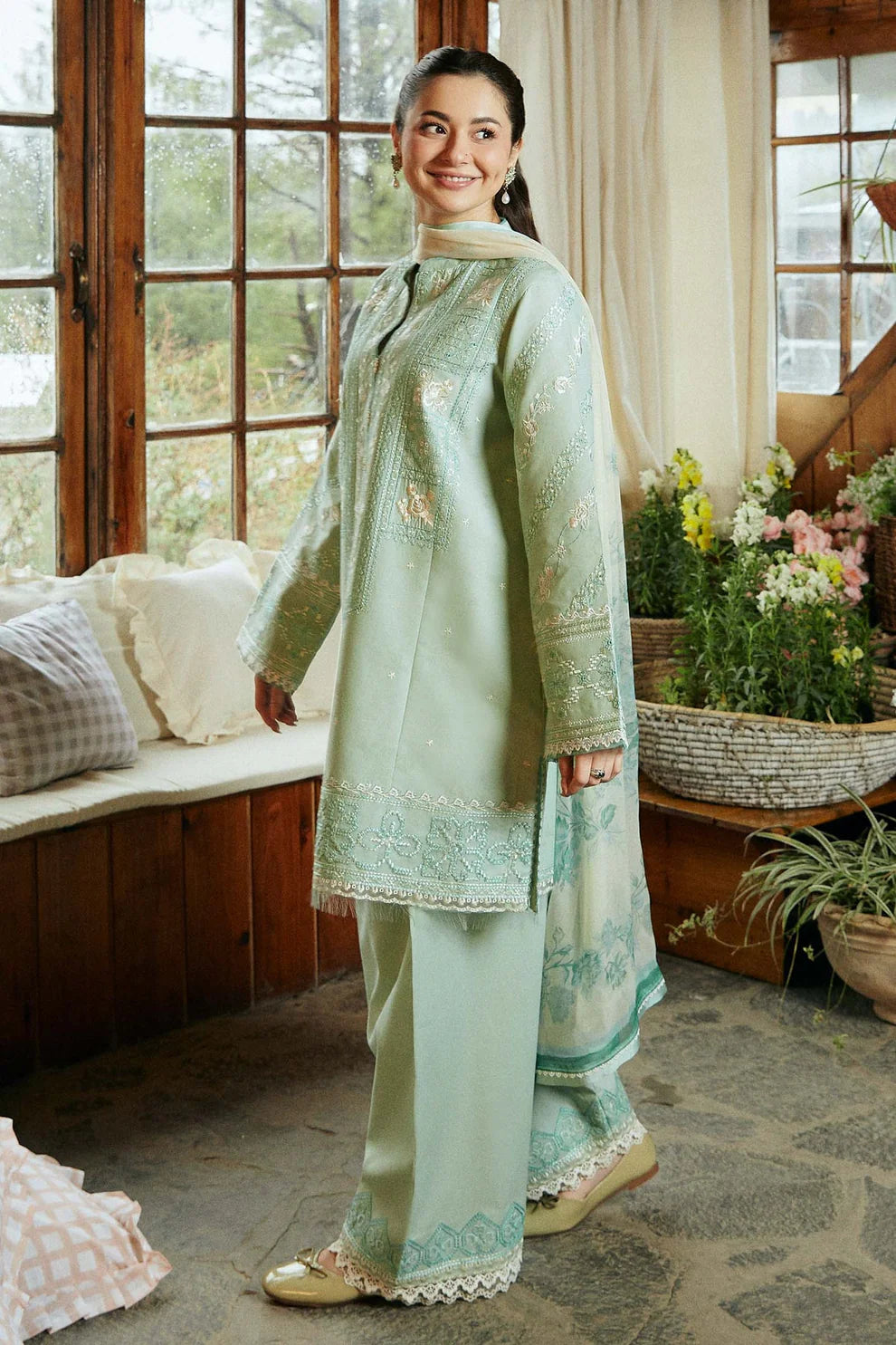 ZARA SHAHJAHAN-3PC DHANAK EMBROIDERED SHIRT WITH CORTRAI WOOL PRINTED SHAWL AND EMB TROUSER-ADR-4112
