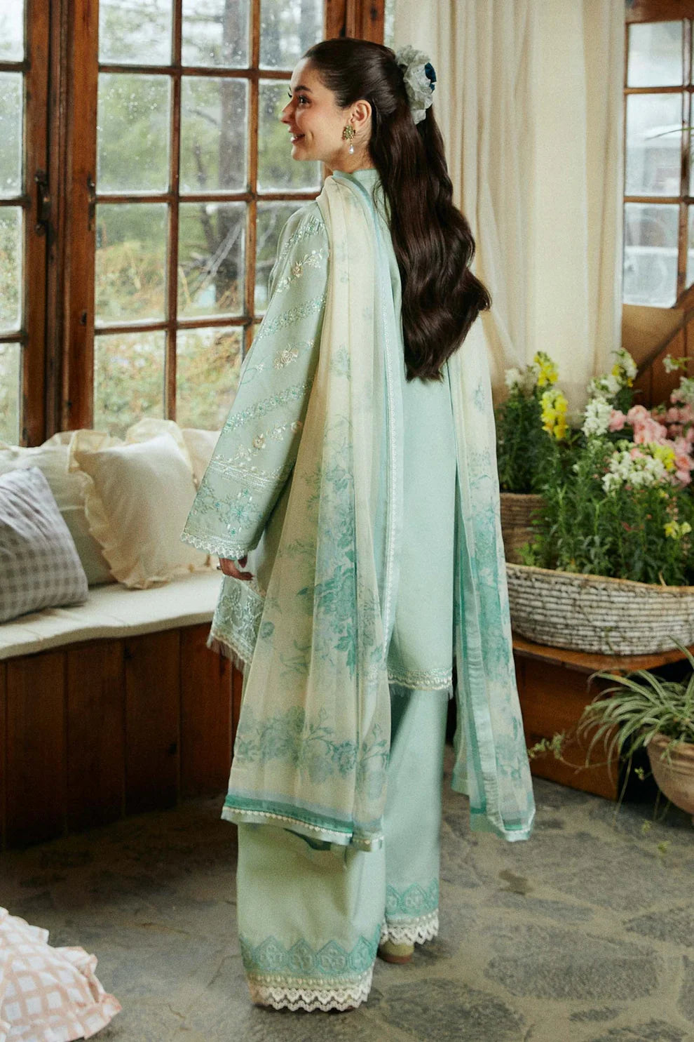 ZARA SHAHJAHAN-3PC DHANAK EMBROIDERED SHIRT WITH CORTRAI WOOL PRINTED SHAWL AND EMB TROUSER-ADR-4112