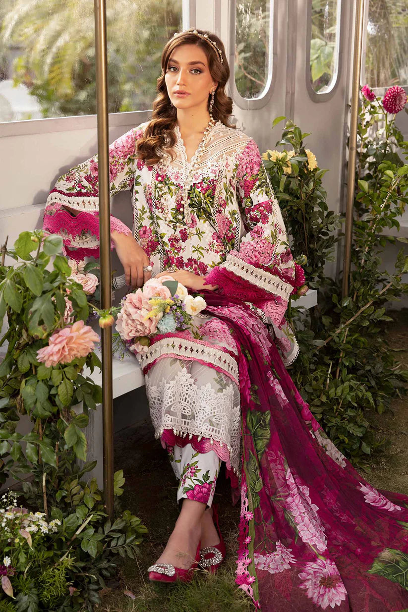 MARIA.B-3PC LAWN PRINTED EMB SHIRT WITH CHIFFON PRINT DUPATTA AND PRINT TROUSER-ADR-2529