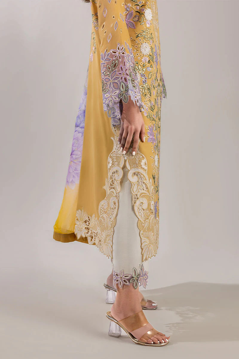MUSHQ-3PC DHANAK CHIKAN EMBROIDERED SHIRT WITH COURTRAI PRINTED SHAWL & EMB TROUSER-ADR-4088