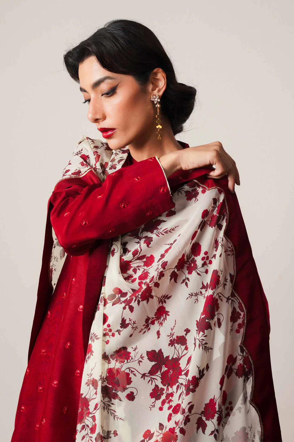 ZARA SHAHJAHAN - 3PC DHANAK EMBROIDERED SHIRT WITH COUTURE WOOL PRINTED SHAWL AND DHANAK TROUSER-ADR-1249