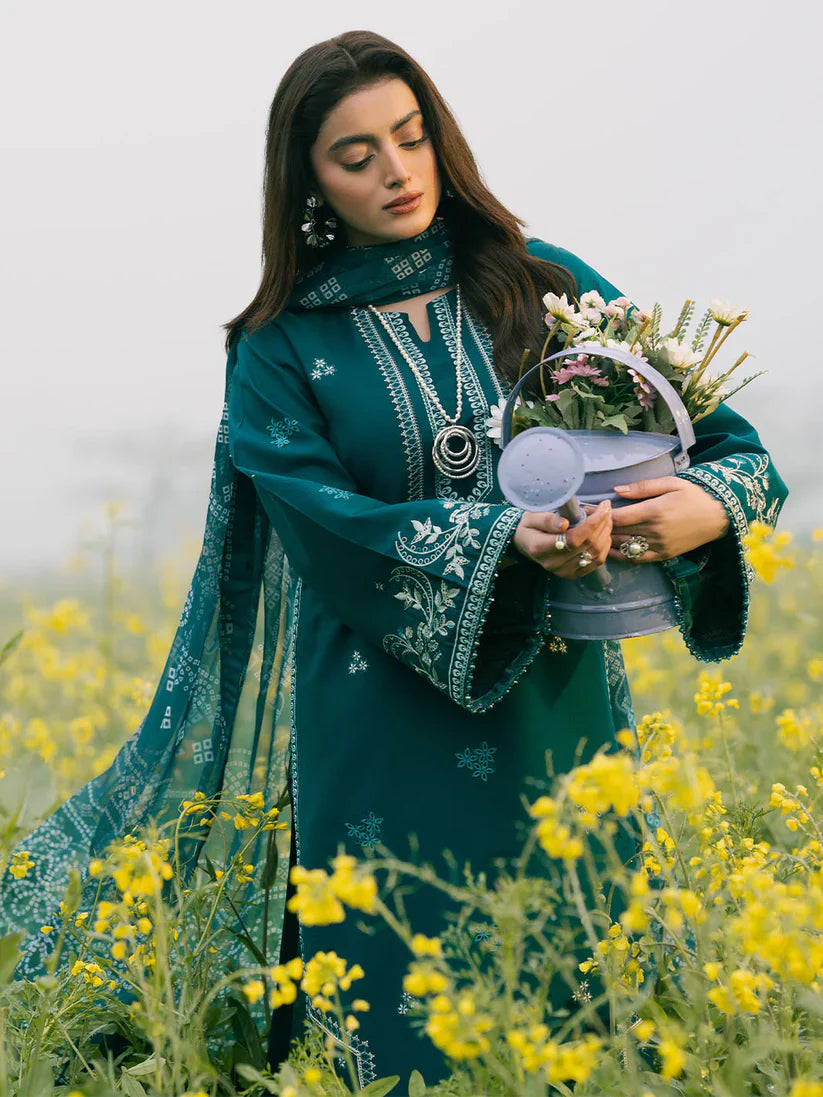 IZEL-3PC LAWN EMBROIDERED SHIRT WITH MONARK PRINT DUPATTA AND TROUSER-ADR-3687