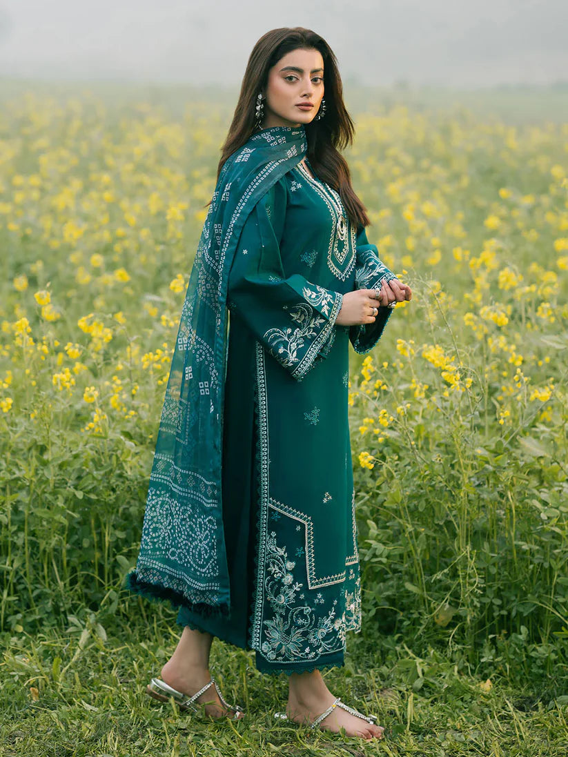 IZEL-3PC LAWN EMBROIDERED SHIRT WITH MONARK PRINT DUPATTA AND TROUSER-ADR-3687