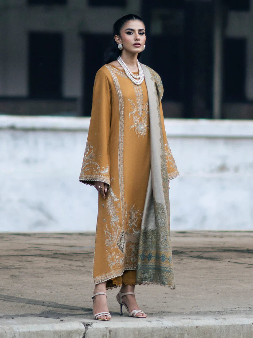 IZEL-3PC DHANAK EMBROIDERED SHIRT WITH COUTRAI PRINTED SHAWL & TROUSER-ADR-4129