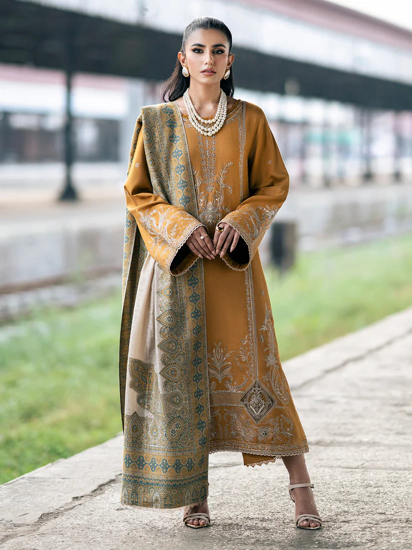 IZEL-3PC DHANAK EMBROIDERED SHIRT WITH COUTRAI PRINTED SHAWL & TROUSER-ADR-4129