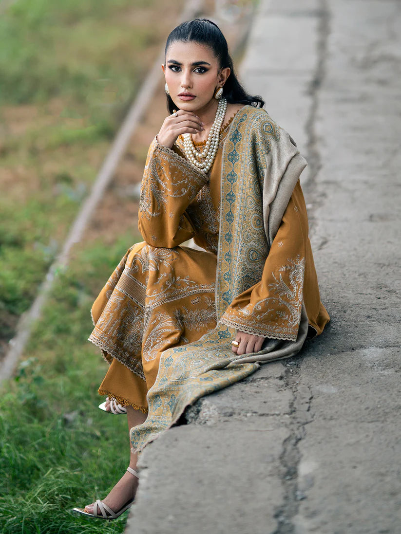 IZEL-3PC DHANAK EMBROIDERED SHIRT WITH COUTRAI PRINTED SHAWL & TROUSER-ADR-4129