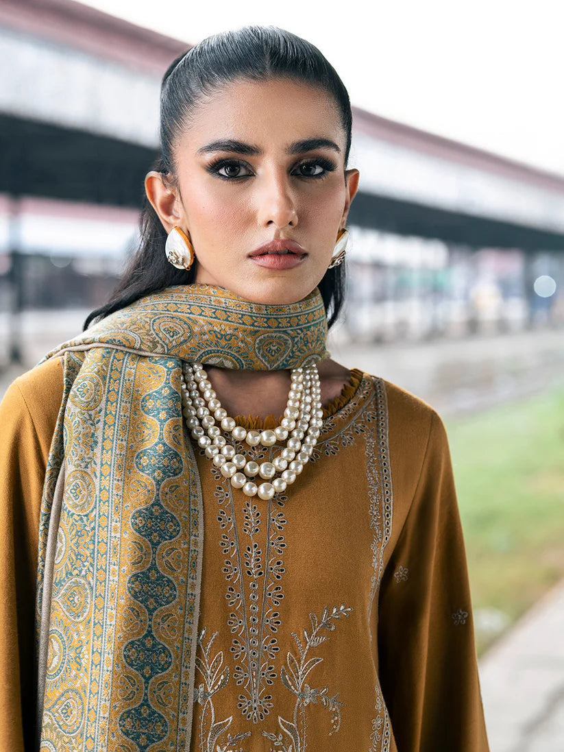 IZEL-3PC DHANAK EMBROIDERED SHIRT WITH COUTRAI PRINTED SHAWL & TROUSER-ADR-4129