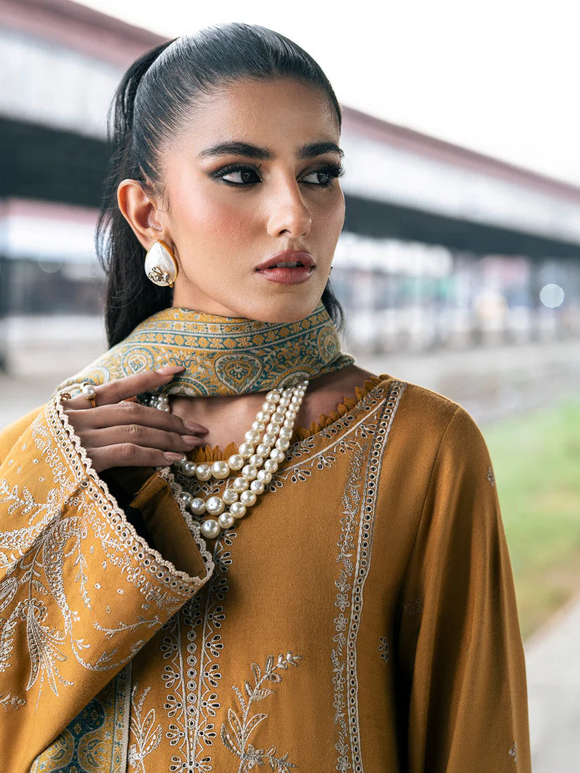 IZEL-3PC DHANAK EMBROIDERED SHIRT WITH COUTRAI PRINTED SHAWL & TROUSER-ADR-4129