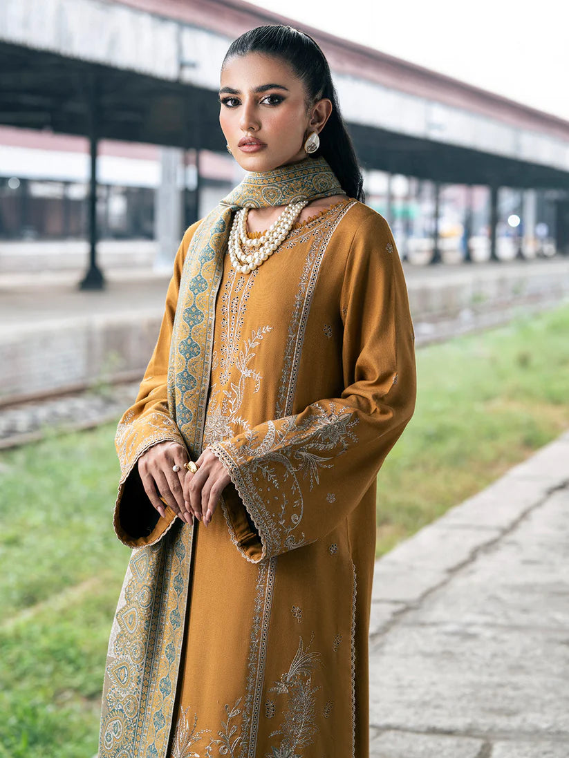 IZEL-3PC DHANAK EMBROIDERED SHIRT WITH COUTRAI PRINTED SHAWL & TROUSER-ADR-4129
