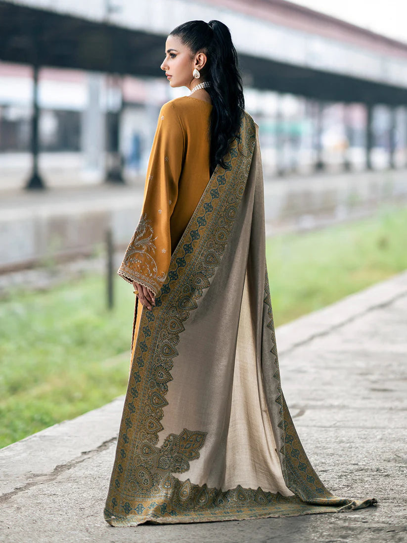 IZEL-3PC DHANAK EMBROIDERED SHIRT WITH COUTRAI PRINTED SHAWL & TROUSER-ADR-4129