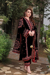 ASIM JOFA-3PC DHANAK EMBROIDERED SHIRT WITH DHANAK EMBROIDERED SHAWL & TROUSER-ADR-4304 BLACK