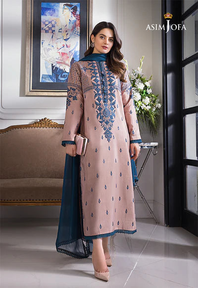 ASIM JOFA-3PC DHANAK EMBROIDERED SHIRT WITH BAMBER CHIFFON DUPATTA-ADR-4079