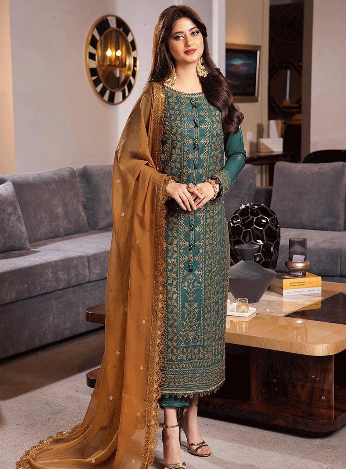 ASIM JOFA-3PC DHANAK EMBROIDERED SHIRT WITH CHIFFON EMBROIDERED DUPATTA AND TROUSER -ADR-4153