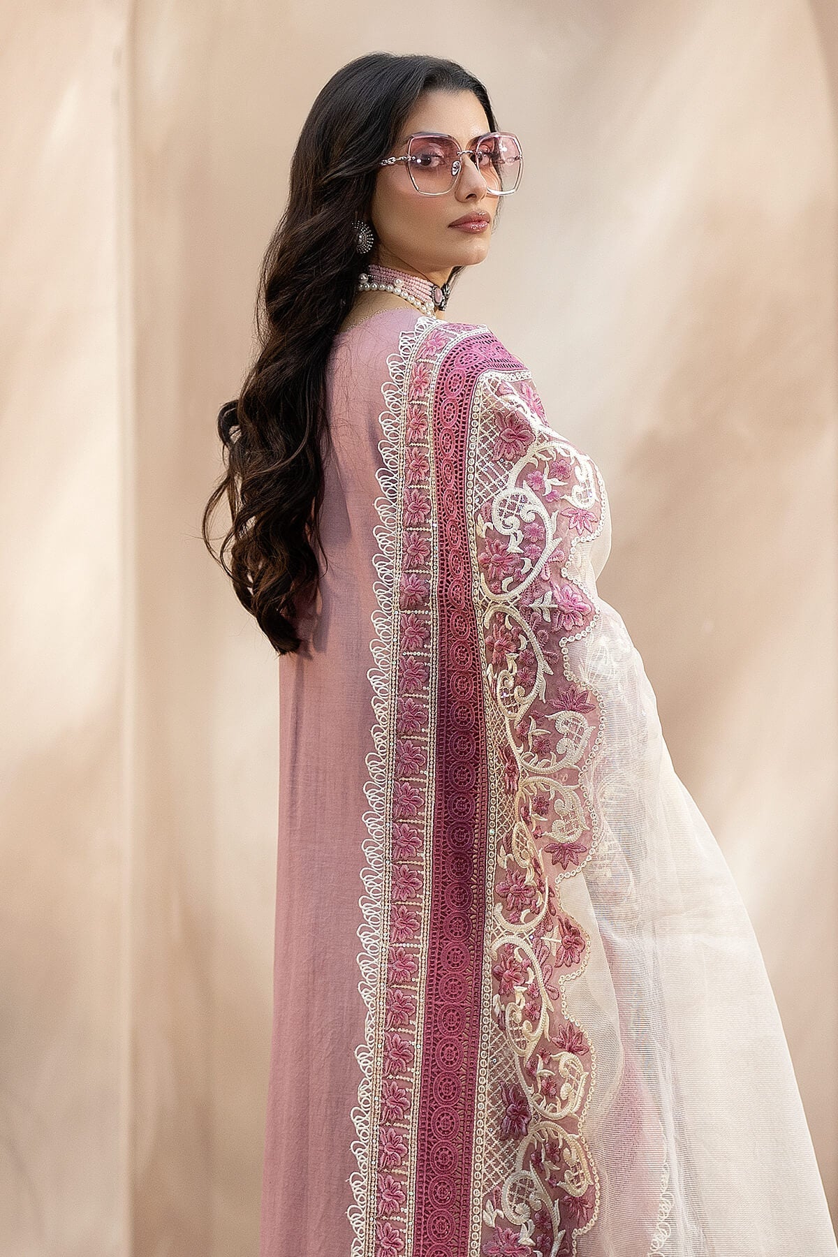 QALAMQAR-3PC CHIKANKAARI LAWN CUTWORK EMBROIDERED SHIRT WITH NET EMBROIDERED CUTWORK DUPATTA AND TROUSER-ADR-3599