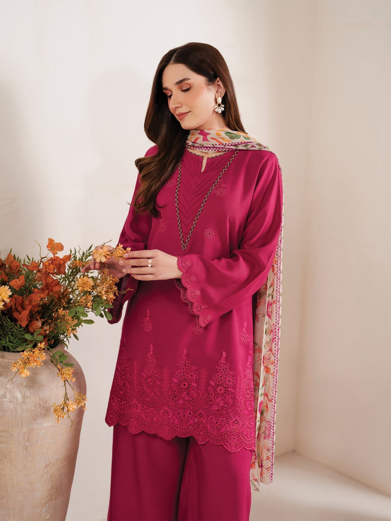 GARNET-3PC LAWN EMBROIDERED SHIRT WITH MONARK PRINT DUPATTA AND EMB TROUSER-ADR-3660
