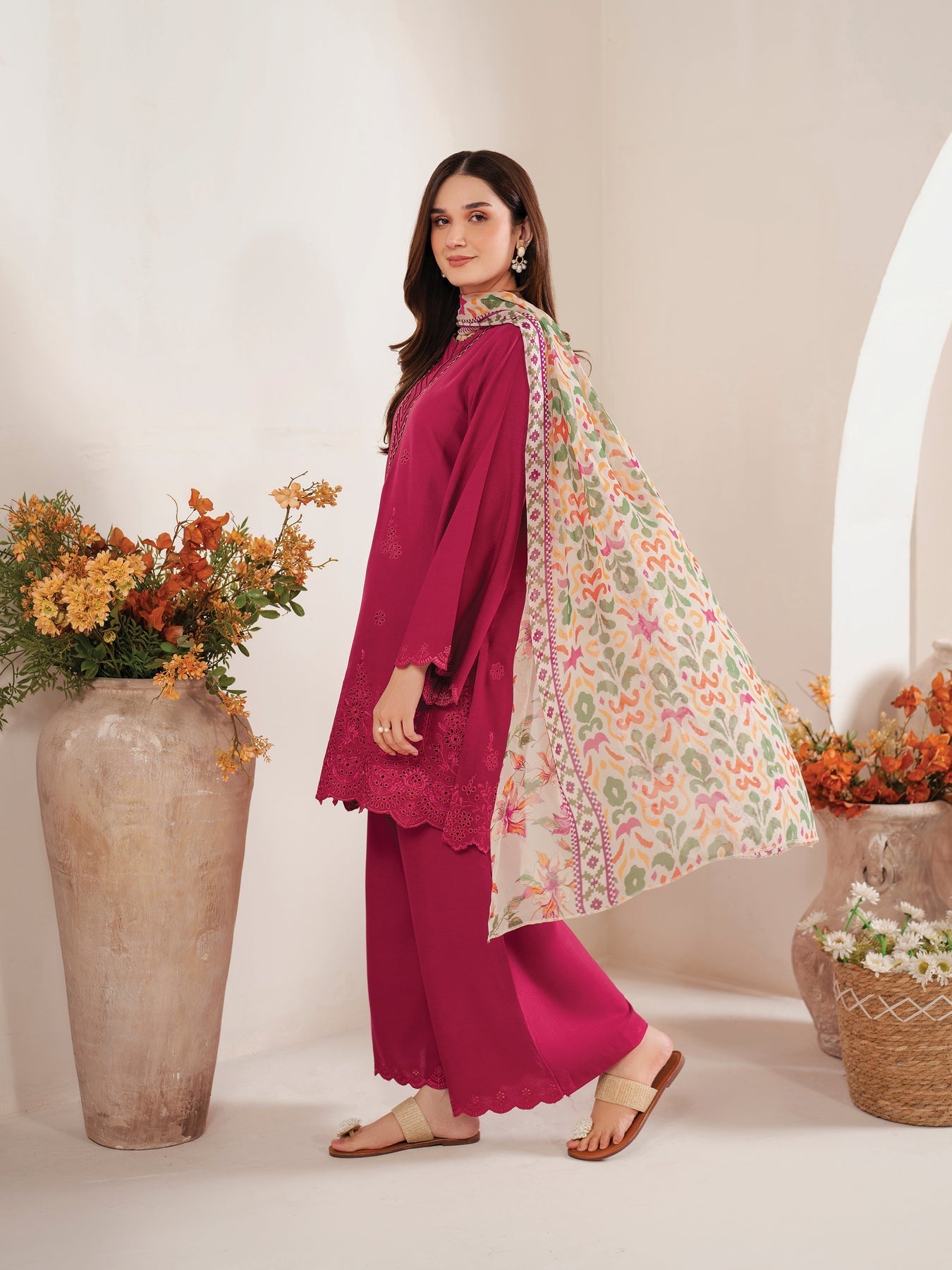 GARNET-3PC LAWN EMBROIDERED SHIRT WITH MONARK PRINT DUPATTA AND EMB TROUSER-ADR-3660