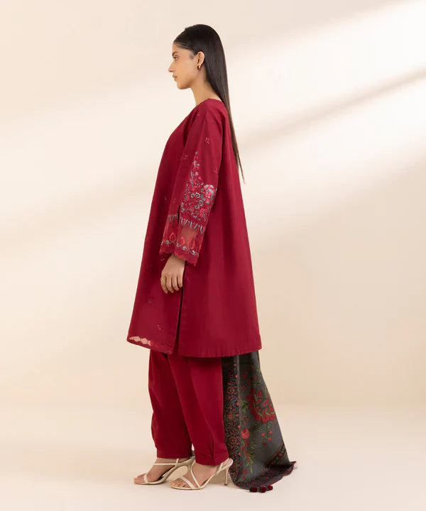 SAPPHIRE-3PC KHADAR EMBROIDERED SHIRT WITH WOOL PRINT SHAWL & TROUSER-ADR-3394