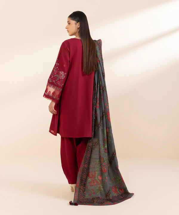 SAPPHIRE-3PC KHADAR EMBROIDERED SHIRT WITH WOOL PRINT SHAWL & TROUSER-ADR-3394