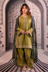URGE-3PC DHANAK EMBROIDERED SHIRT WITH COUTRAI PRINTED SHAWL & EMB TROUSER-ADR-4126