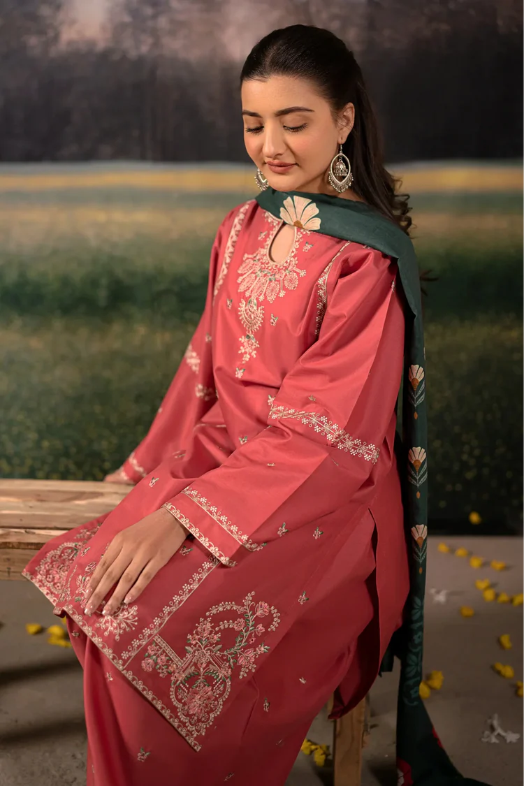 URGE-3PC DHANAK EMBROIDERED SHIRT WITH COURTRAI PRINTED SHAWL AND EMB TROUSER-ADR-4203