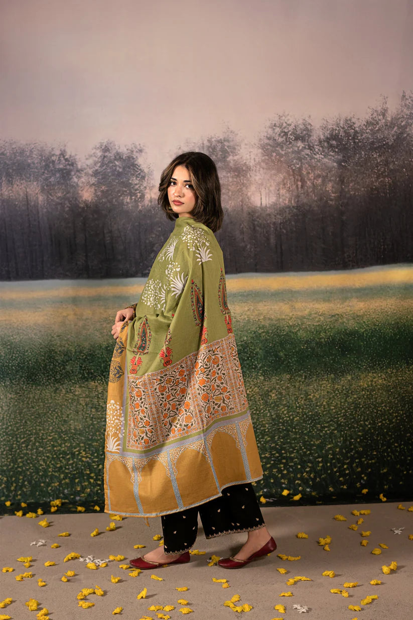URGE-3PC DHANAK EMBROIDERED SHIRT WITH COUTRAI PRINTED SHAWL & DHANAK EMB TOUSER-ADR-4178