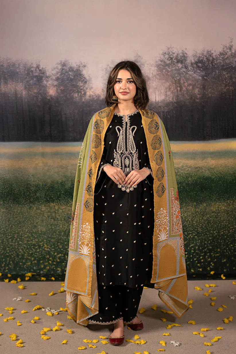 URGE-3PC DHANAK EMBROIDERED SHIRT WITH COUTRAI PRINTED SHAWL & DHANAK EMB TOUSER-ADR-4178